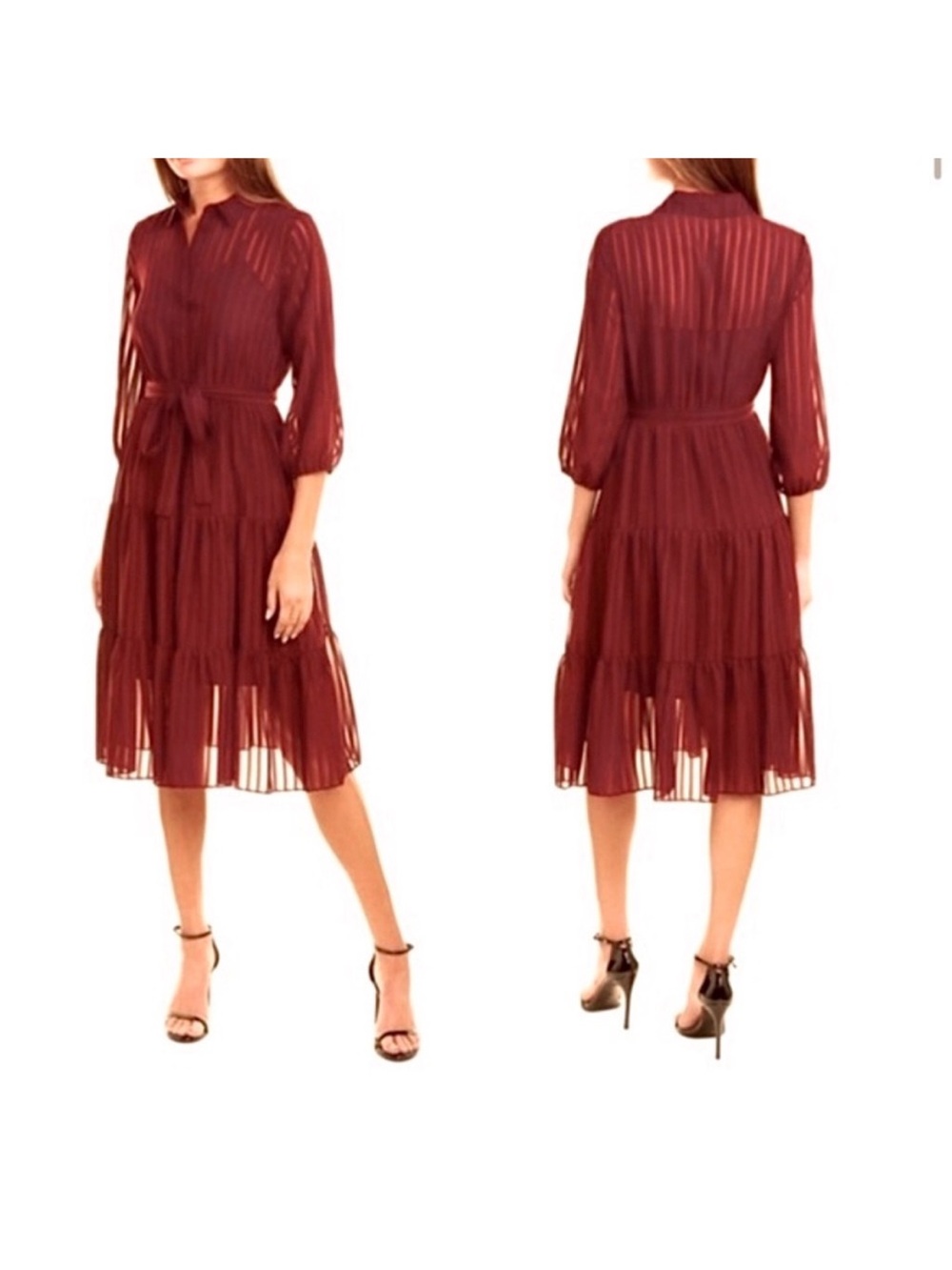 Nanette Lepore Burgundy Tiered Sheer Midi Dress with Slip Dress